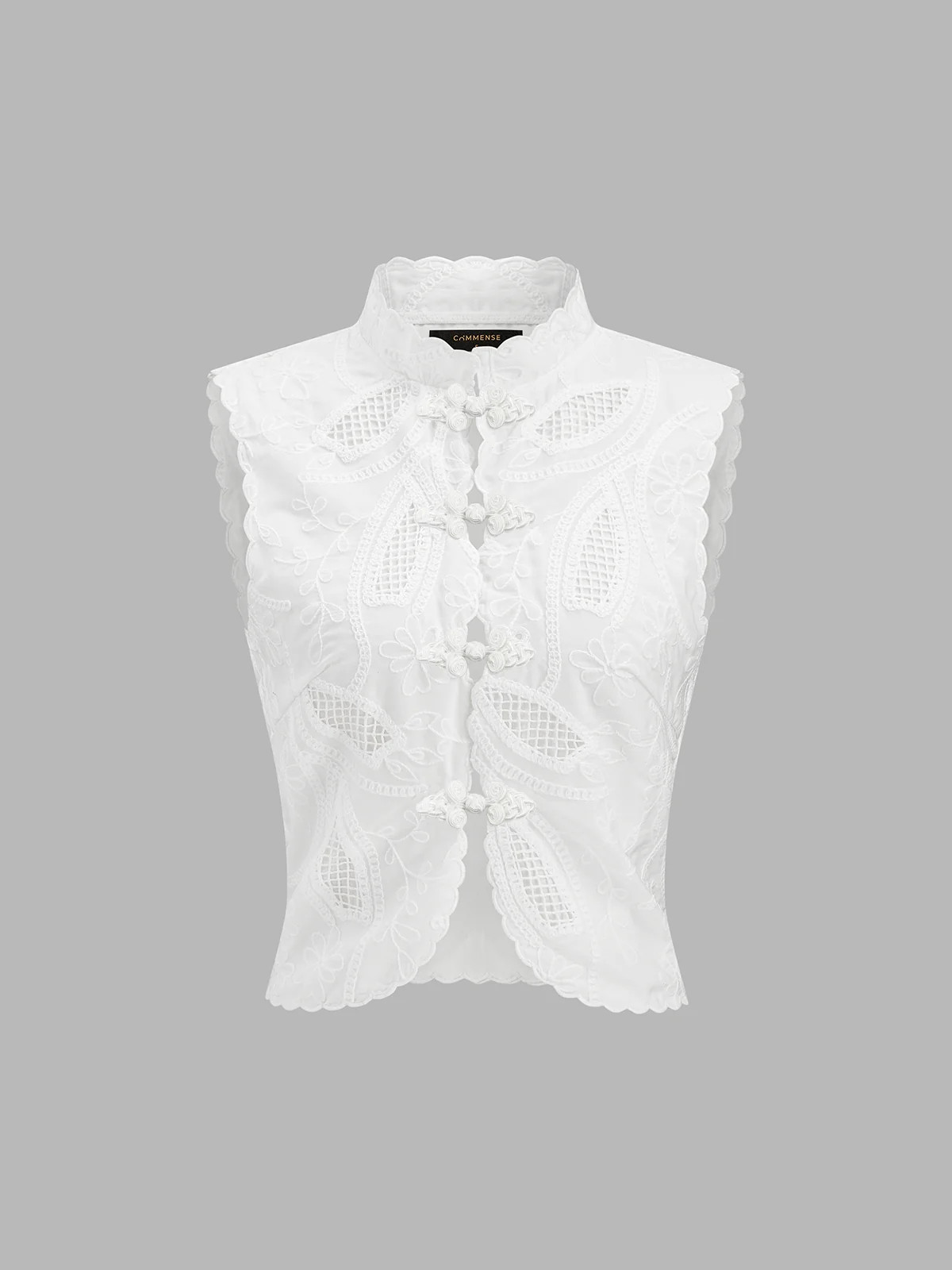 Frog Button Eyelet Embroidered Sleeveless Top | Commense