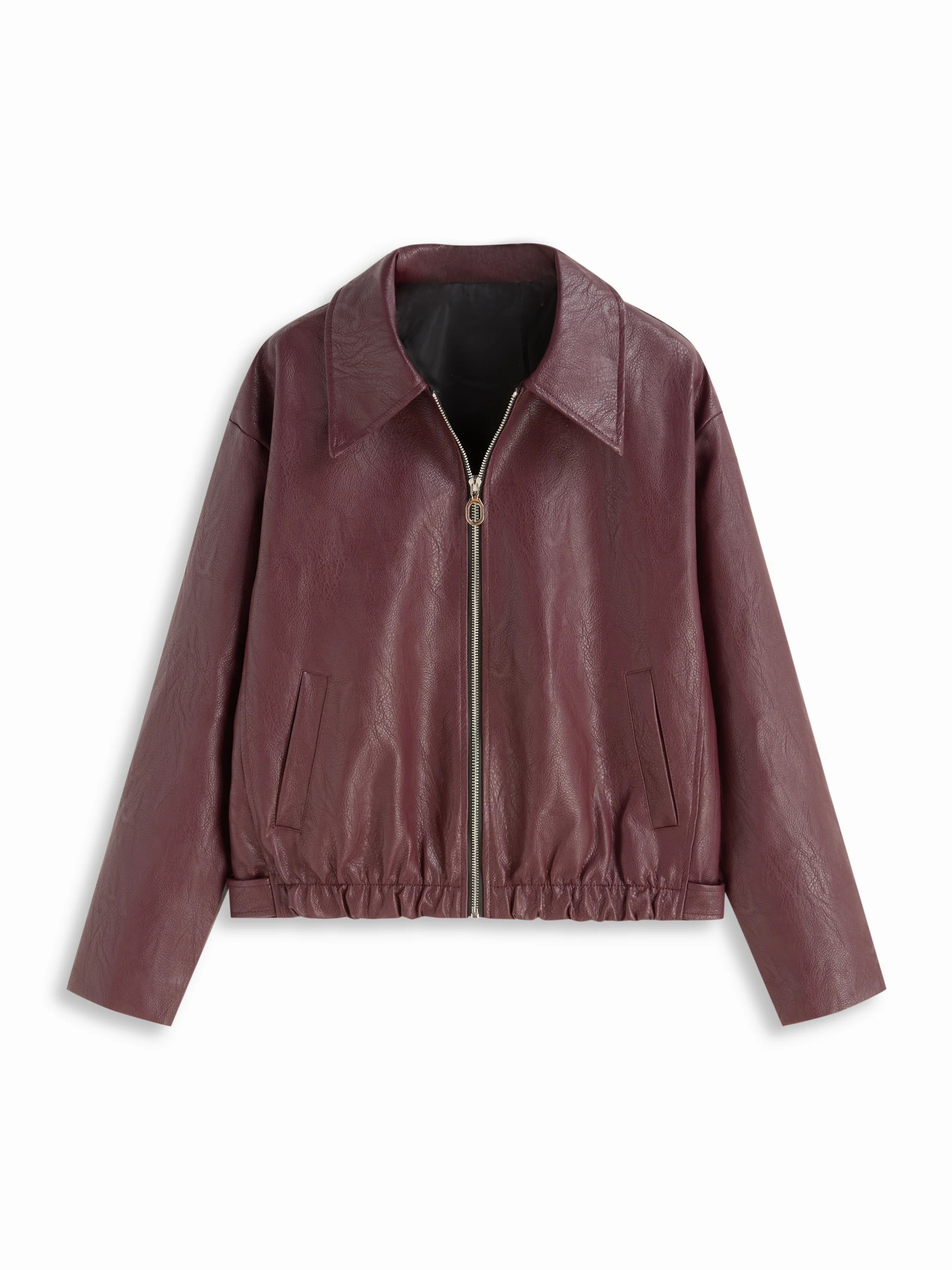 Faux Leather Collar Long Sleeve Zip Through Biker Jacket | Cider