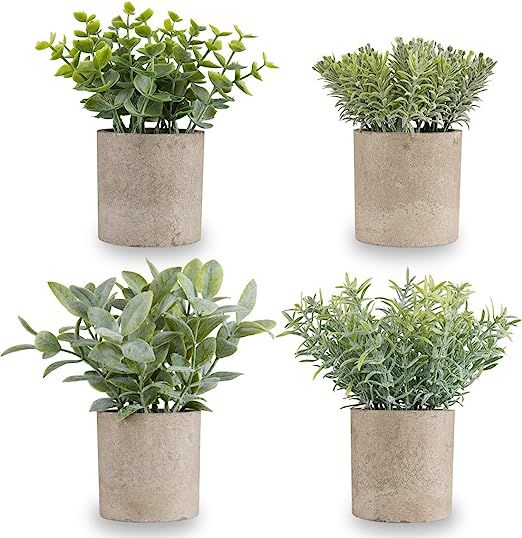 Miracliy Mini Potted Fake Plants Faux Artificial Eucalyptus Boxwood Rosemary Greenery in Gray Pot... | Amazon (US)