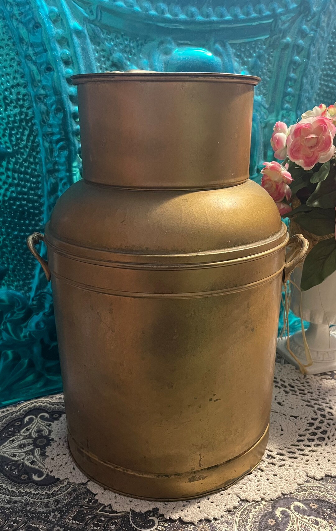 Vintage aged painted thin brass milk can decor- clearly showing its age- wear- crack-dents | Etsy (US)