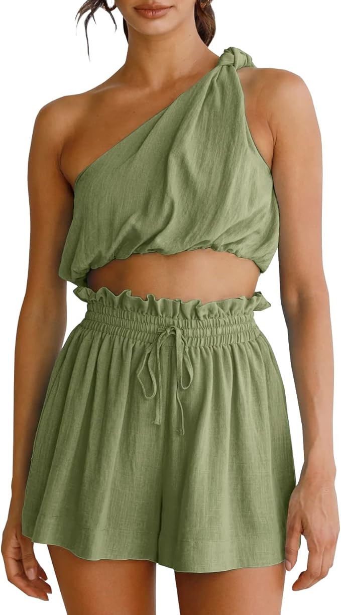 Imily Bela Womens 2 Piece Outfits Linen Matching Sets Two Piece Crop Tops and Paper Bag Waist Sho... | Amazon (US)