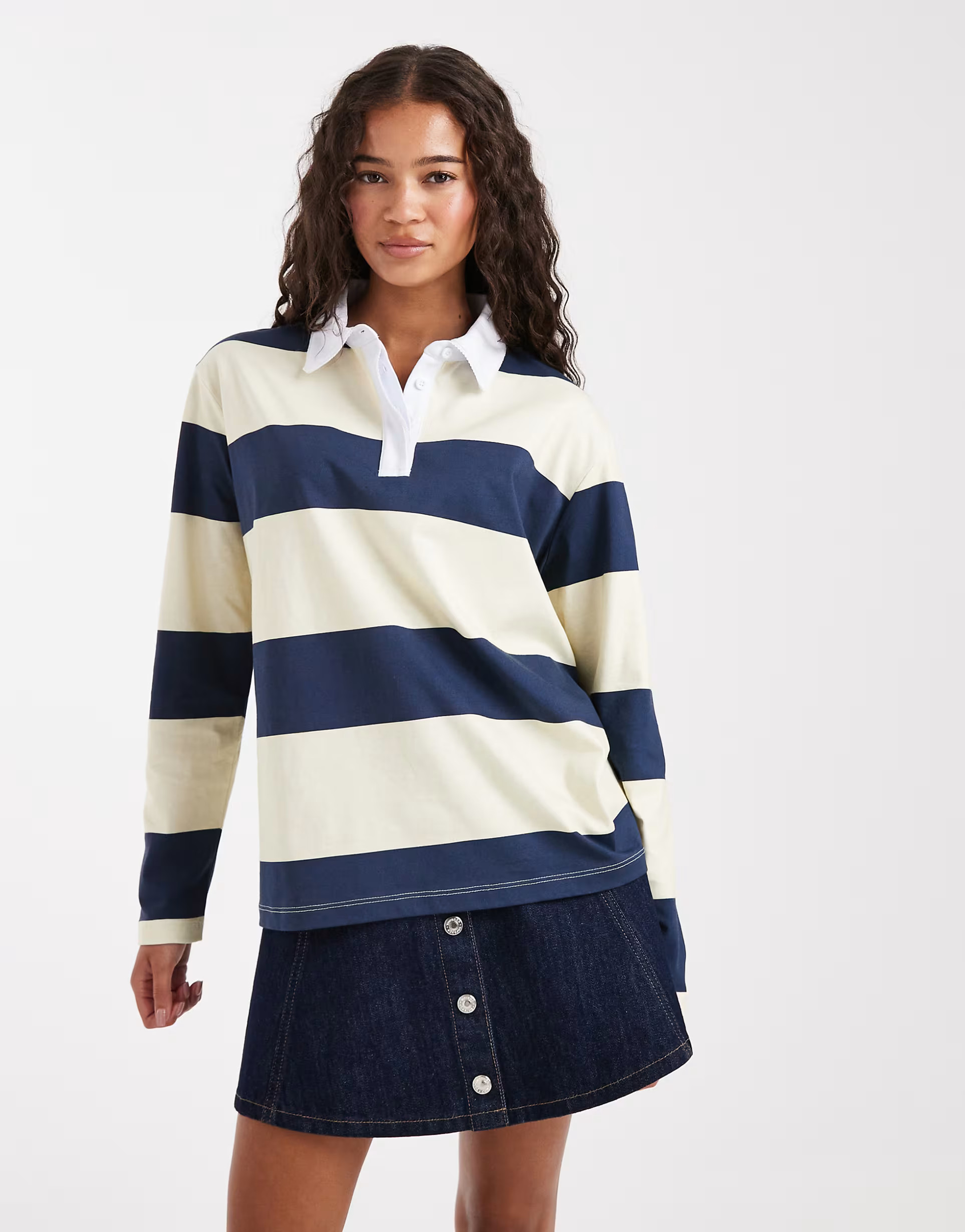 Miss Selfridge oversized rugby shirt in navy and buttermilk stripe | ASOS | ASOS (Global)