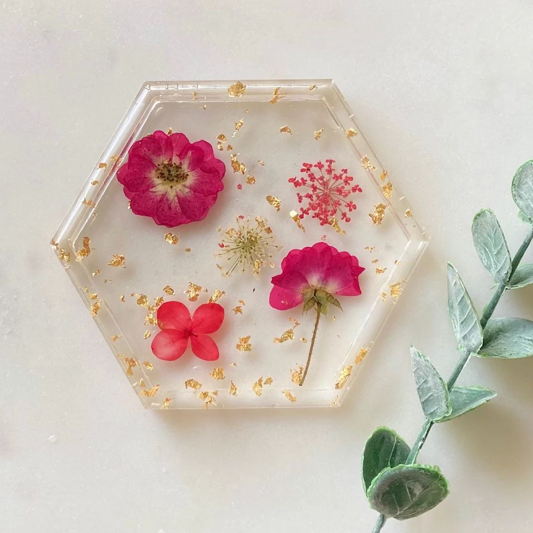 Handmade Real Pressed Flower Hexagon Resin Coaster W/ Foil - Etsy | Etsy (US)