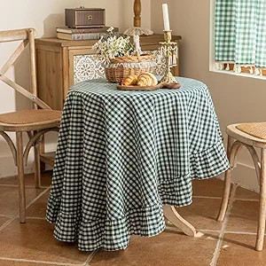 Green Plaid Ruffled Table Cover Linen 60Inch Round Gingham Tablecloth Classic Farmhouse Vintage C... | Amazon (US)
