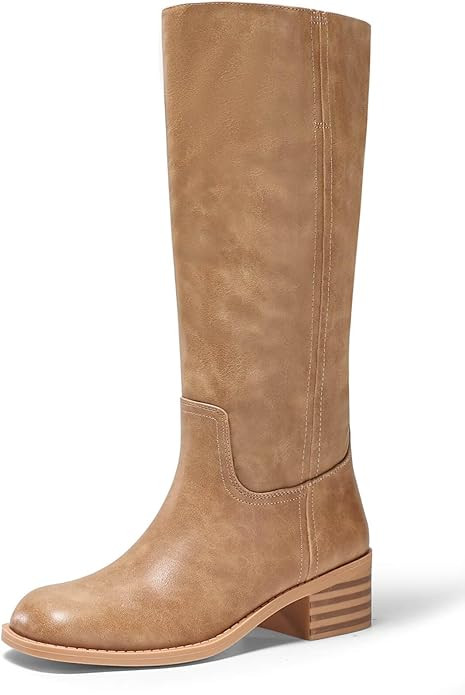 Coutgo Women's Knee High Boots Square Toe Chunky Block Heel Tall Boots Comfortable Low Heel Shoes | Amazon (US)