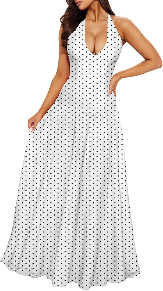 Women's Polka Dot Maxi Dress Halter Neck Sleeveless Drop Waist Flowy Summer Wedding Beach Sundres... | Amazon (US)