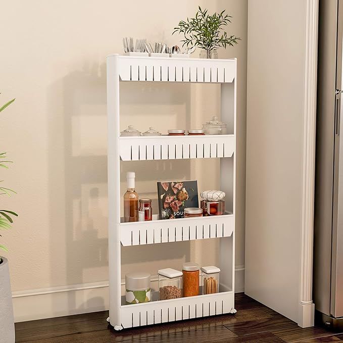 Mobile Shelving Unit Organizer with 4 Large Storage Baskets, Slim Slide Out Pantry Storage Rack f... | Amazon (US)