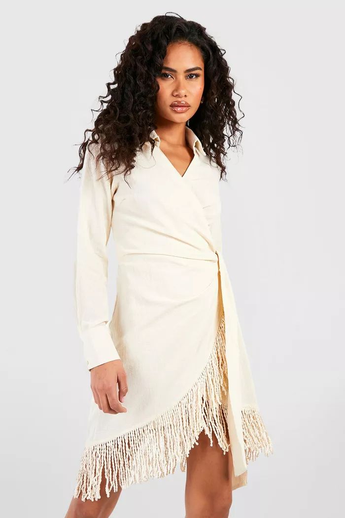 Tassel Linen Wrap Shirt Dress | Boohoo.com (US & CA)