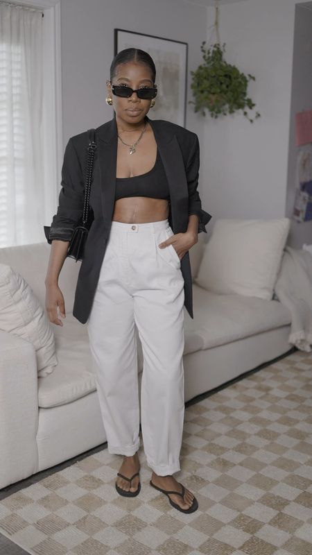 Minimalist outfit black bra top with blazer and white pants. My pants are vintage but linking similar ones/vibes 

#LTKFindsUnder100 #LTKStyleTip #LTKFindsUnder50