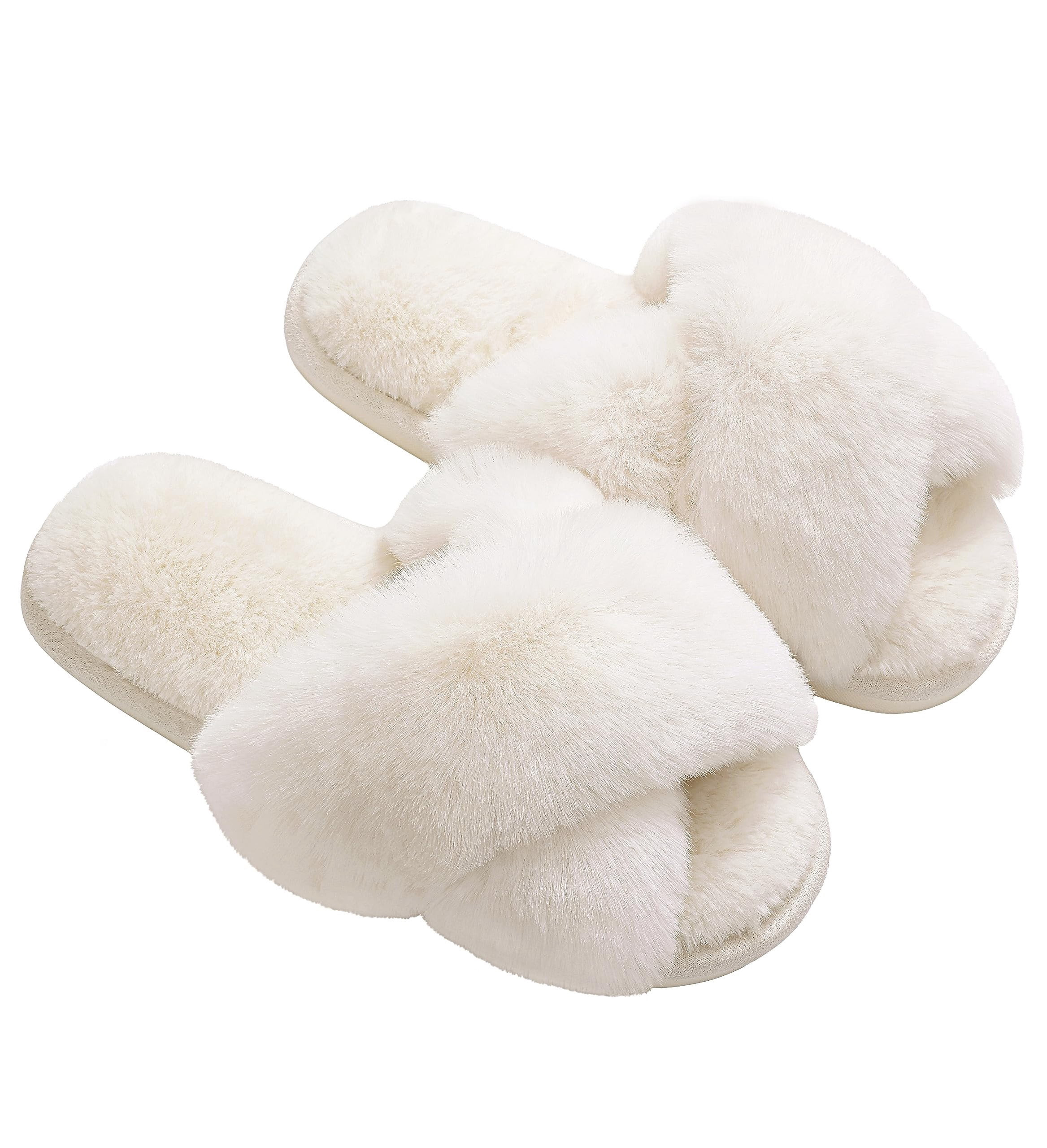 Comwarm Women's Fuzzy Slippers Open Toe Cross Band Slippers Memory Foam House Slippers for Women, Pink | Walmart (US)