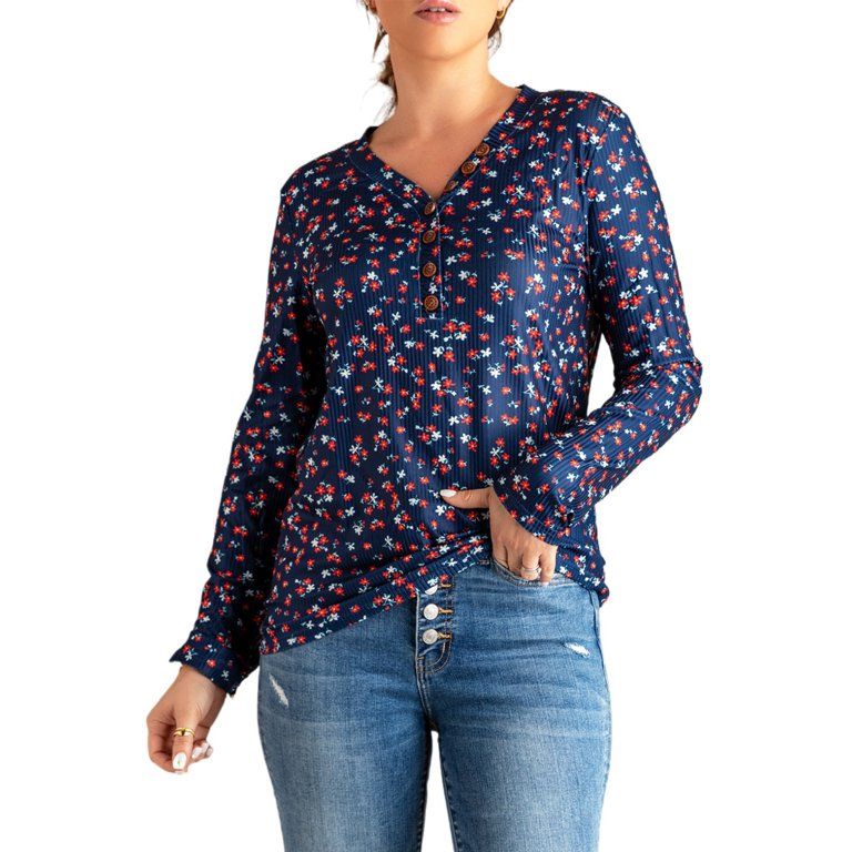 Dokotoo Women's Blue Shirts V Neck Sweet Floral Print Long Sleeve Casual Tunic Pullover Top Size ... | Walmart (US)