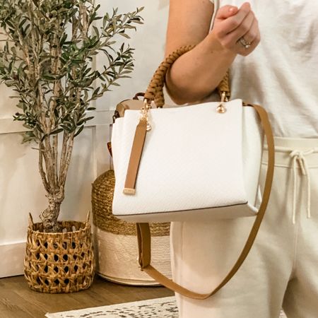 Neutral top handle satchel. White textured white and camel woven handles. Medium sized bag. Detachable, adjustable strap  

#LTKFind #LTKSale #LTKunder50