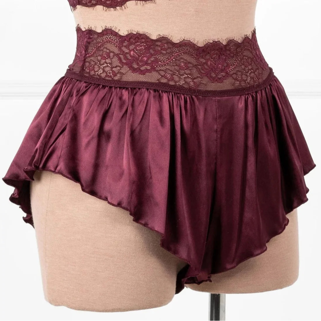 High Waist Lacy Satin Tap Shorts - Cherry Lacquer | Mentionables