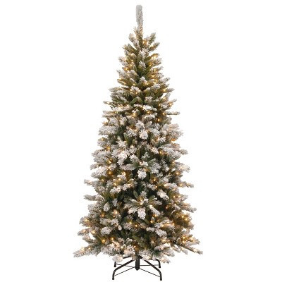 7.5' Prelit Slim Flocked Mountain Pine Artificial Christmas Tree Clear Lights - National Tree Company | Target