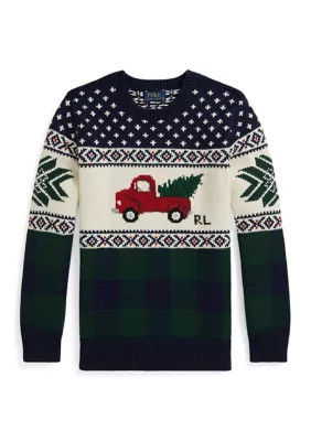 Ralph Lauren Childrenswear Boys 8-20 Truck-Intarsia Cotton Sweater, Navy Blue, Large | Belk