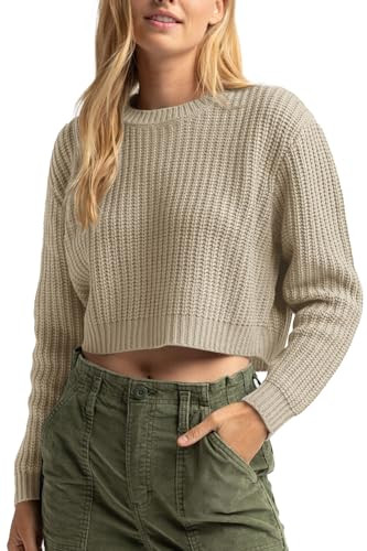 Women's Cropped Sweater Crew Neck Knitted Long Sleeve Casual Loose Crop Pullover Sweater Top Oatmeal L | Amazon (US)