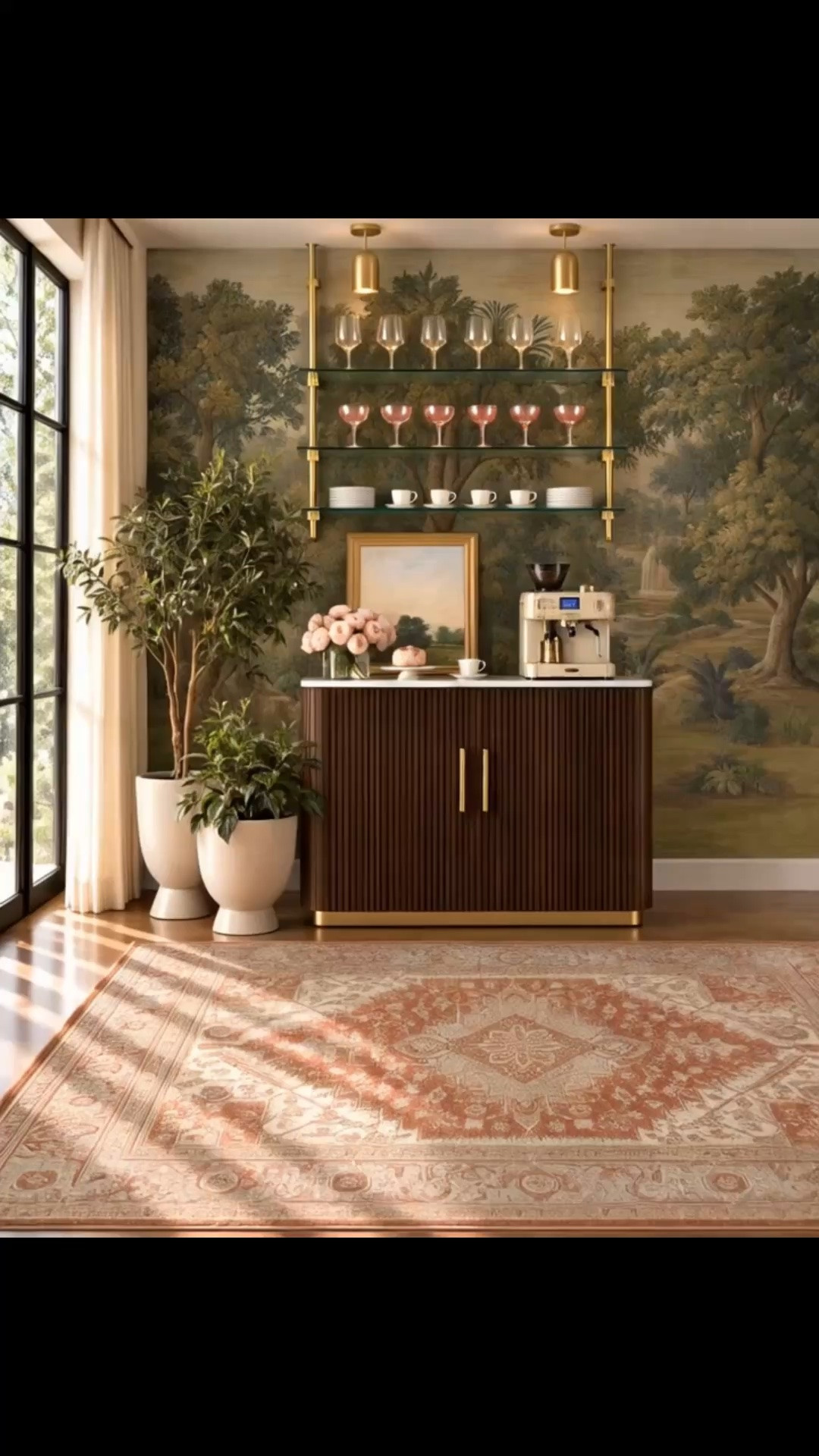 A late-afternoon coffee or tea break might be one of my favorite ways to reset before the evening begins. ☕️✨ Soft sunlight, a fresh cup, and a quiet little corner at home make even a busy day feel a little more relaxed.

I love how this coffee bar brings together the tall fluted bar cabinet, brass and glass wall shelving, hand-painted mural wallpaper, petite rounded pendant lights, framed art, espresso machine, fresh flower arrangement, and a warm patterned rug. It feels collected, elegant, and just right for that afternoon pause before cocktail hour begins.

#AfternoonCoffee #CoffeeBreak #TeaTime #CoffeeBar #HomeCoffeeBar #BarCabinet #WallShelf #WallpaperMural #HandPaintedWallpaper #PendantLighting #EspressoMachine #CoffeeStation #FlowerArrangement #AreaRug #InteriorDesign #HomeDecor #ModernClassic

#LTKHome #LTKdayinmylife #LTKHome #LTKSaleAlert
