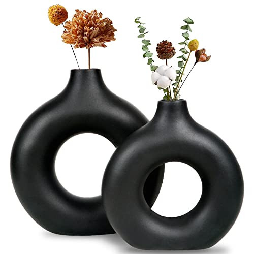 Black Ceramic Vase, Modern Vase for Minimalist Decor, Hollow Round Matte Pampas Flower Vases for Boho Home Wedding Party Room Dinner Table Shelf Decor (2pcs) | Amazon (US)