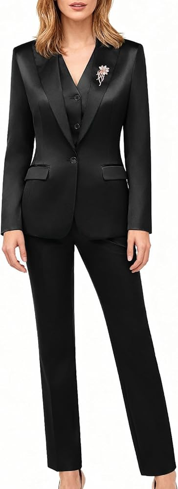 Women's 3 Pieces Satin Suit Black Peak Lapel Fashion Outfits Casual Party Wedding Blazer Jacket V... | Amazon (US)