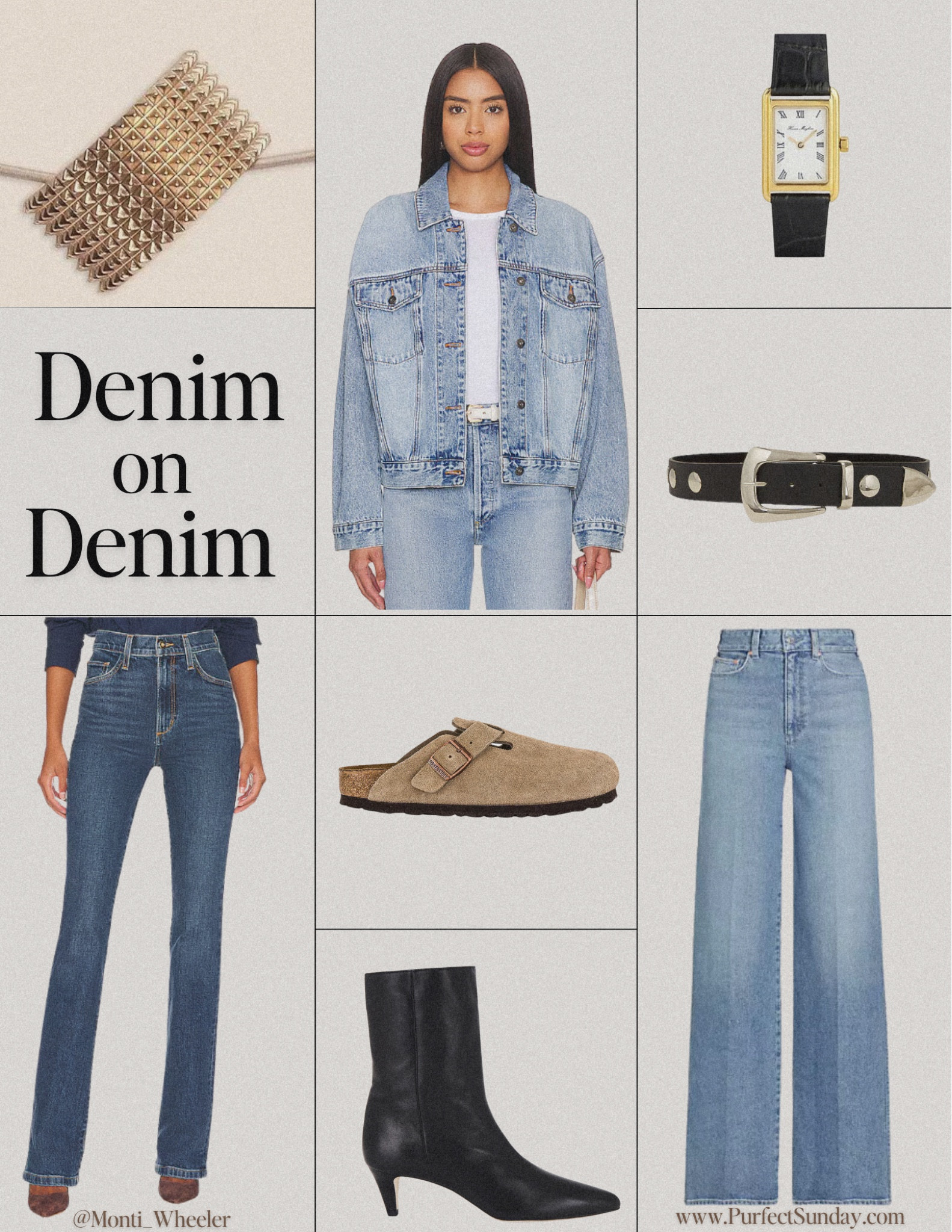 Denim on denim fall outfit idea. 

High waisted jeans, bootleg jeans, jean jacket, hair cuffs, watch, ankle boots, Birkenstock clogs

#LTKShoeCrush #LTKFindsUnder50 #LTKStyleTip