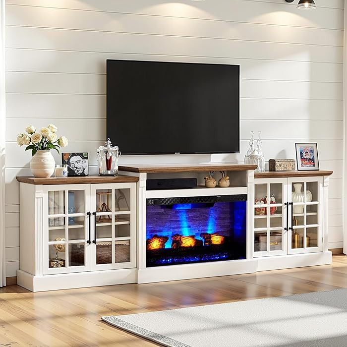 AMERLIFE 97" Farmhouse Fireplace TV Stand, Entertainment Center with Large Storage Space and Adju... | Amazon (US)