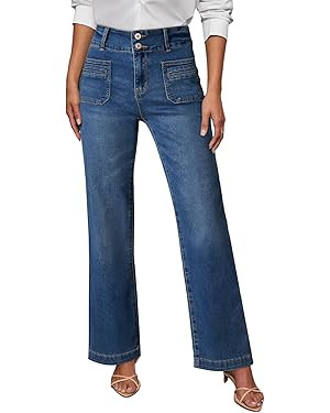 Sidefeel Women's Wide Leg Jeans High Waisted Tummy Control Stretchy Pockets Front Straight Leg Je... | Amazon (US)