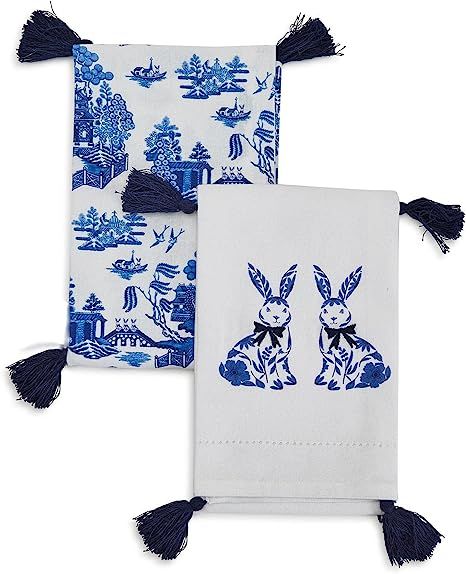 Two's Company Blue & White Dish Towels W/Tssels & Embroidery Set of 2 | Amazon (US)