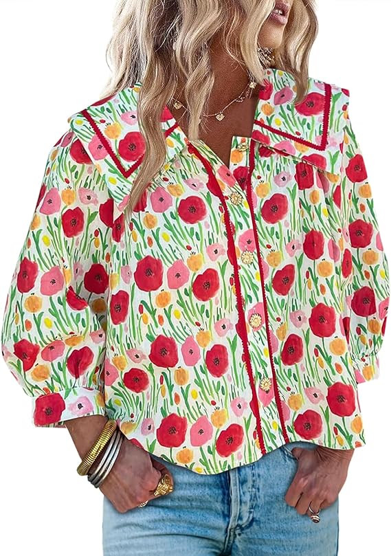 Cicy Bell Womens Floral Button Down Shirts Trendy Casual 3/4 Lantern Sleeve Blouse Square Neck Co... | Amazon (US)