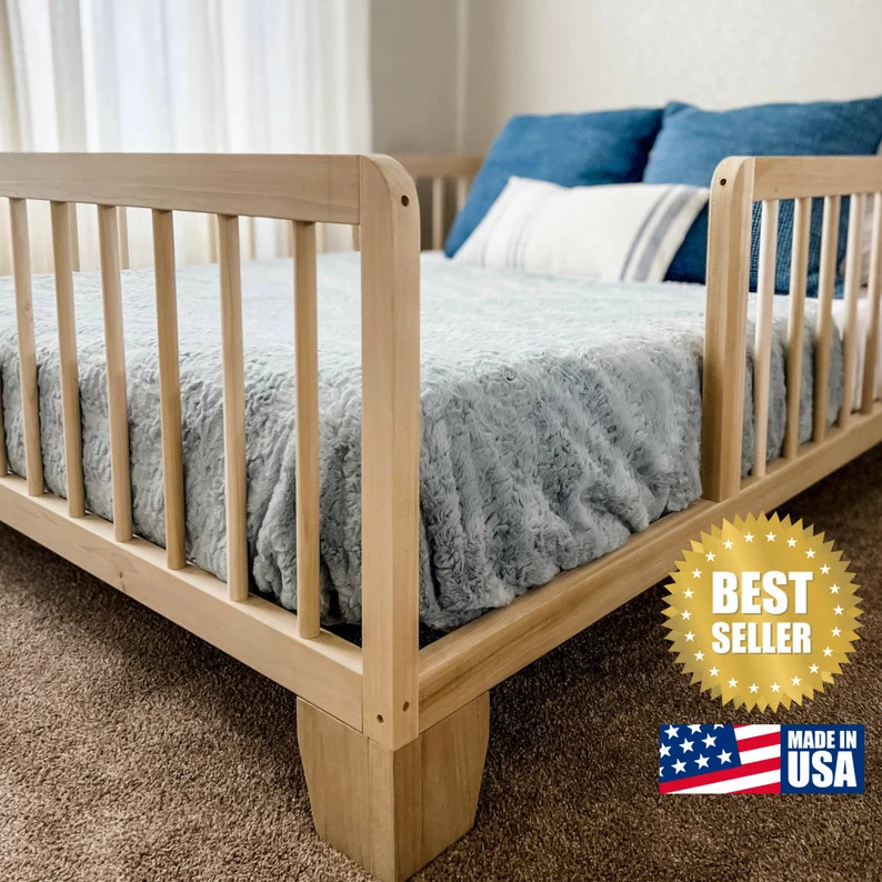 Natural Poplar Montessori Toddler Floor Bed with Rails - Made in USA | Etsy (Global)