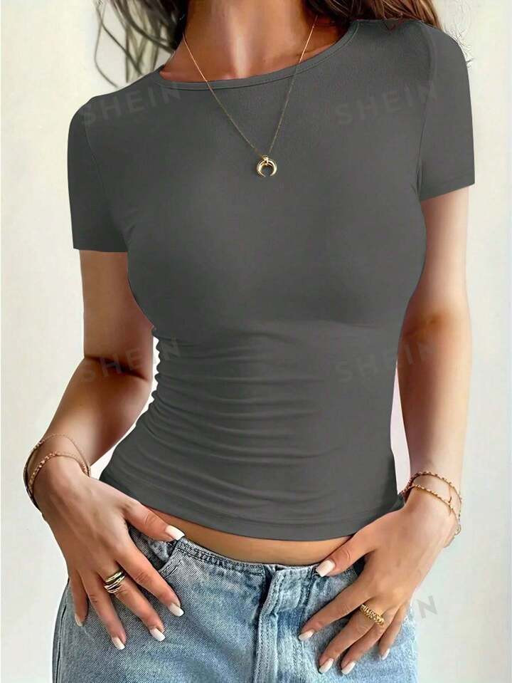 SHEIN Essnce Solid Color Round Neck Pleated Slim Fit Short Sleeve T-Shirt | SHEIN