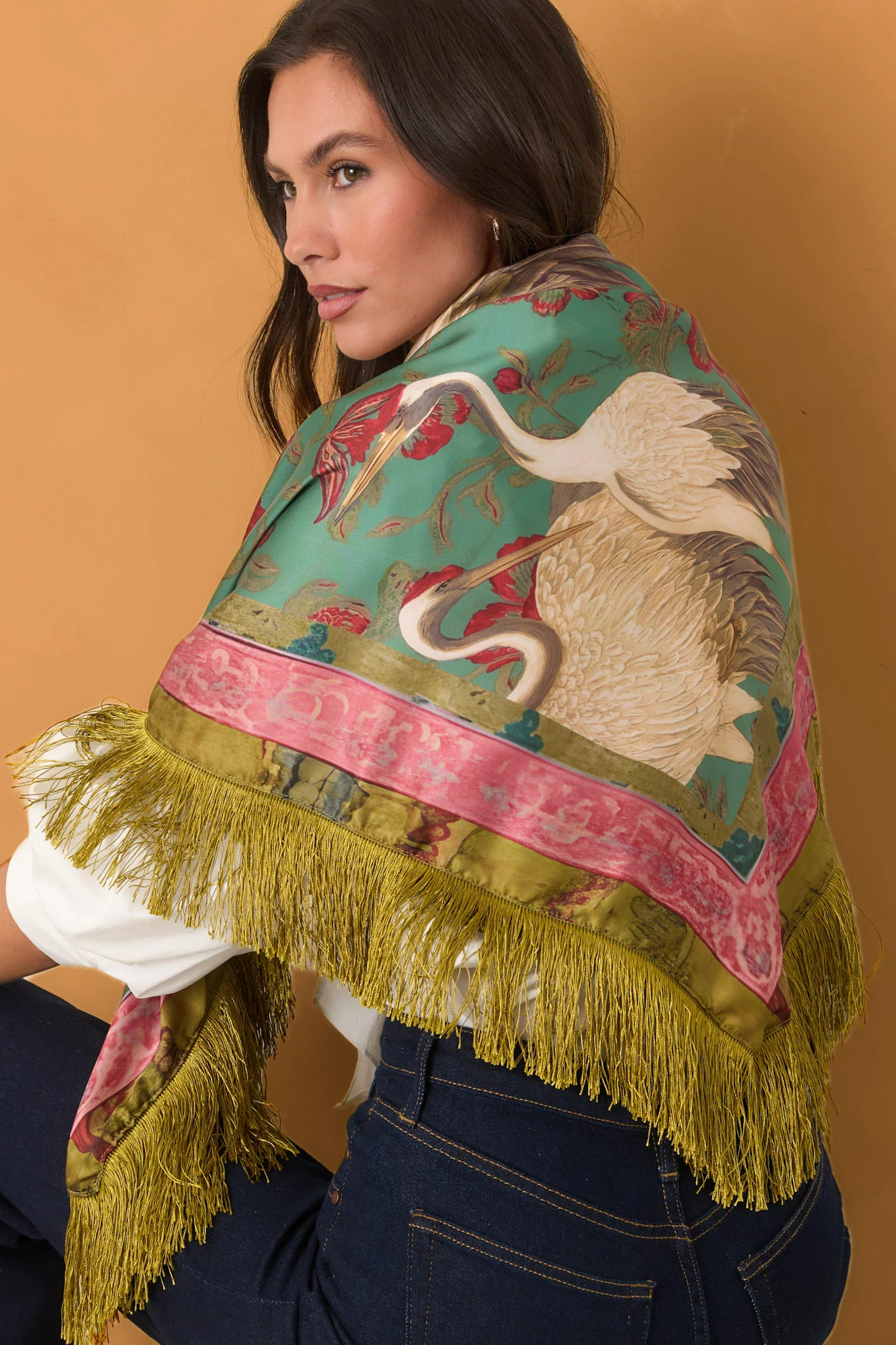 A Rare Bird Teal Multi Crane Print Fringe Shawl | Red Dress