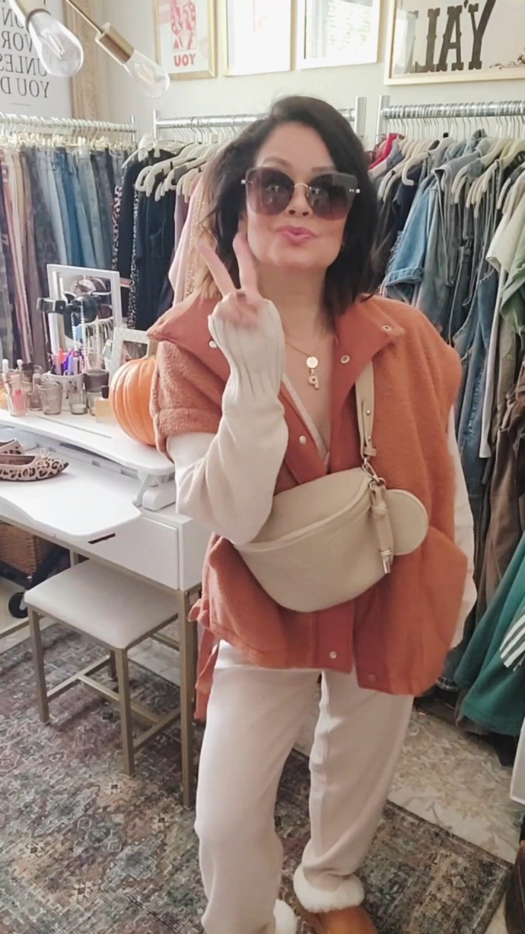 Wear a medium in the set. It’s absolutely perfect & so soft! Great quality & price! Non see thru! Sherpa vest is so cozy & beautiful! Wearing a large. Great bag choices to make fall festivities fun & have your hands free. 

Shoes are comfortable & both run tts.

#falloutfit
#fallcozystyle
#twopieceset
#LTKFindUnder50
#LTKtravel

#LTKStyleTip #LTKFindsUnder100 #LTKFallSale