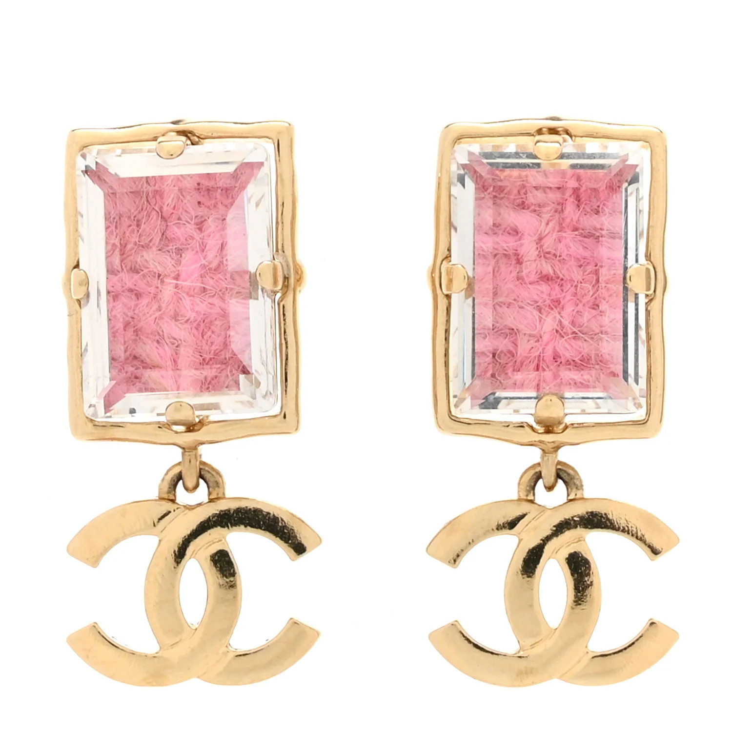 Chanel Crystal Tweed CC Drop Earrings Pink Gold 1689107 | FASHIONPHILE (US)