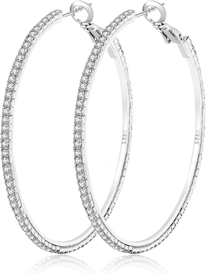 925 Sterling Silver Earrings Large Rhinestone Hoop Earrings Big Cubic Zirconia Hoop Earrings Thin... | Amazon (US)