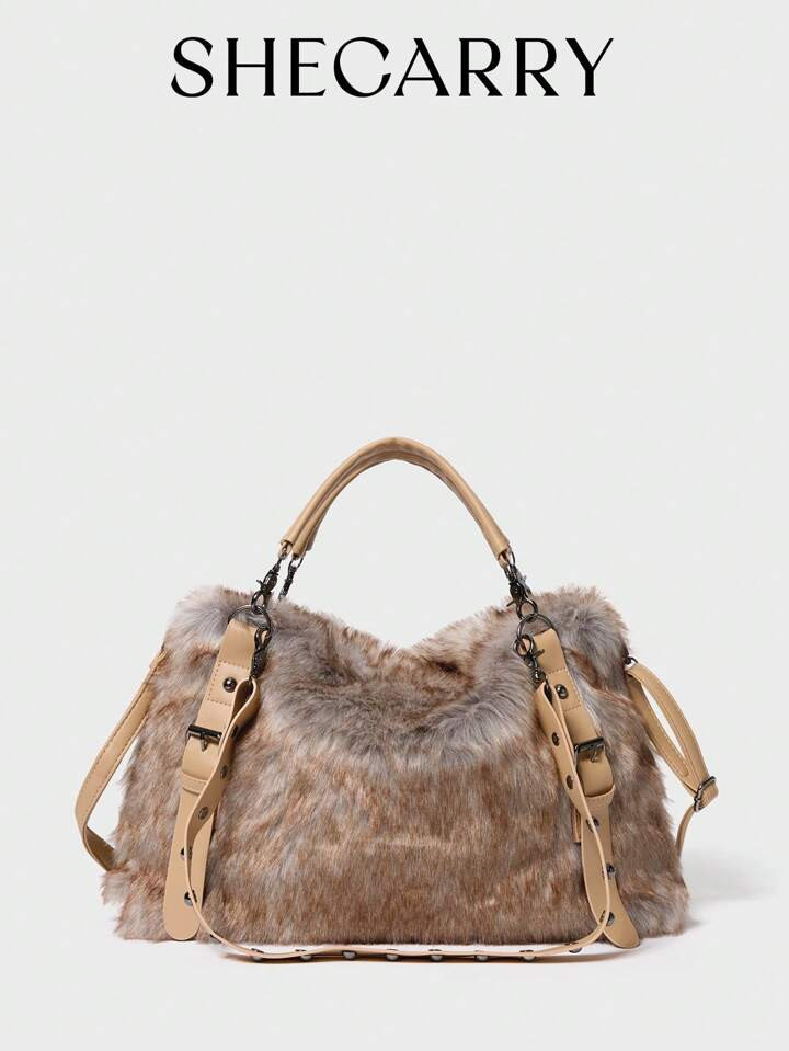 SHECARRY Fashionable Fluffy Patchwork Commuting Tote Bag For Women, New Arrival Fur Purse | SHEIN