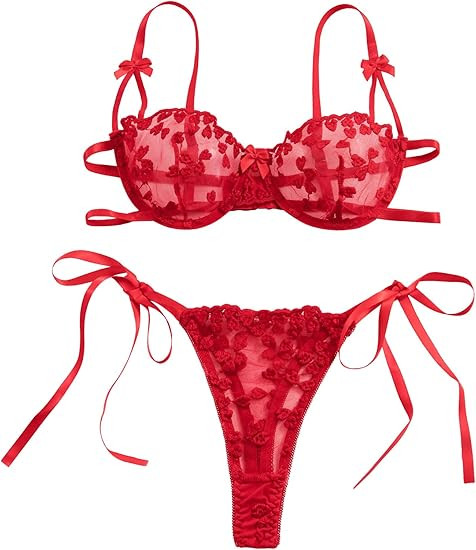 Lilosy Sexy Tie Side Cute Underwire Push Up Strappy Embroidered Mesh Sheer Lingerie Set | Amazon (US)