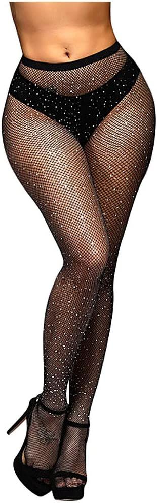Jusback Rhinestone Fishnet Stockings Sparkle High Waist Tights Pantyhose | Amazon (US)