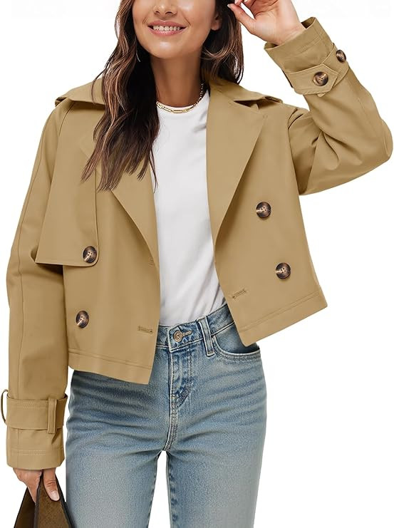 Tankaneo Womens Cropped Trench Coat Lapel Double Breasted Short Jacket Outwear | Amazon (US)