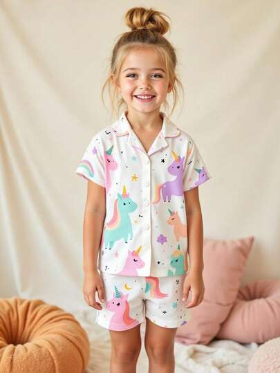 2pcs Young Girl Colorful Unicorn Pattern Collar Short Sleeve Shorts Pajama Set, Comfortable Home ... | SHEIN