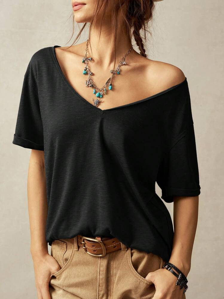 Bohemela Women's Casual Solid Color V-Neck Loose Short Sleeve T-Shirt | SHEIN