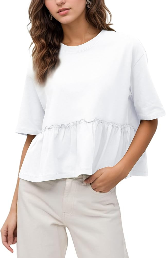 Women Summer Short Sleeve T-Shirts Oversized Dressy Casual Work Blouses Cropped Cute Ruffle Babyd... | Amazon (US)