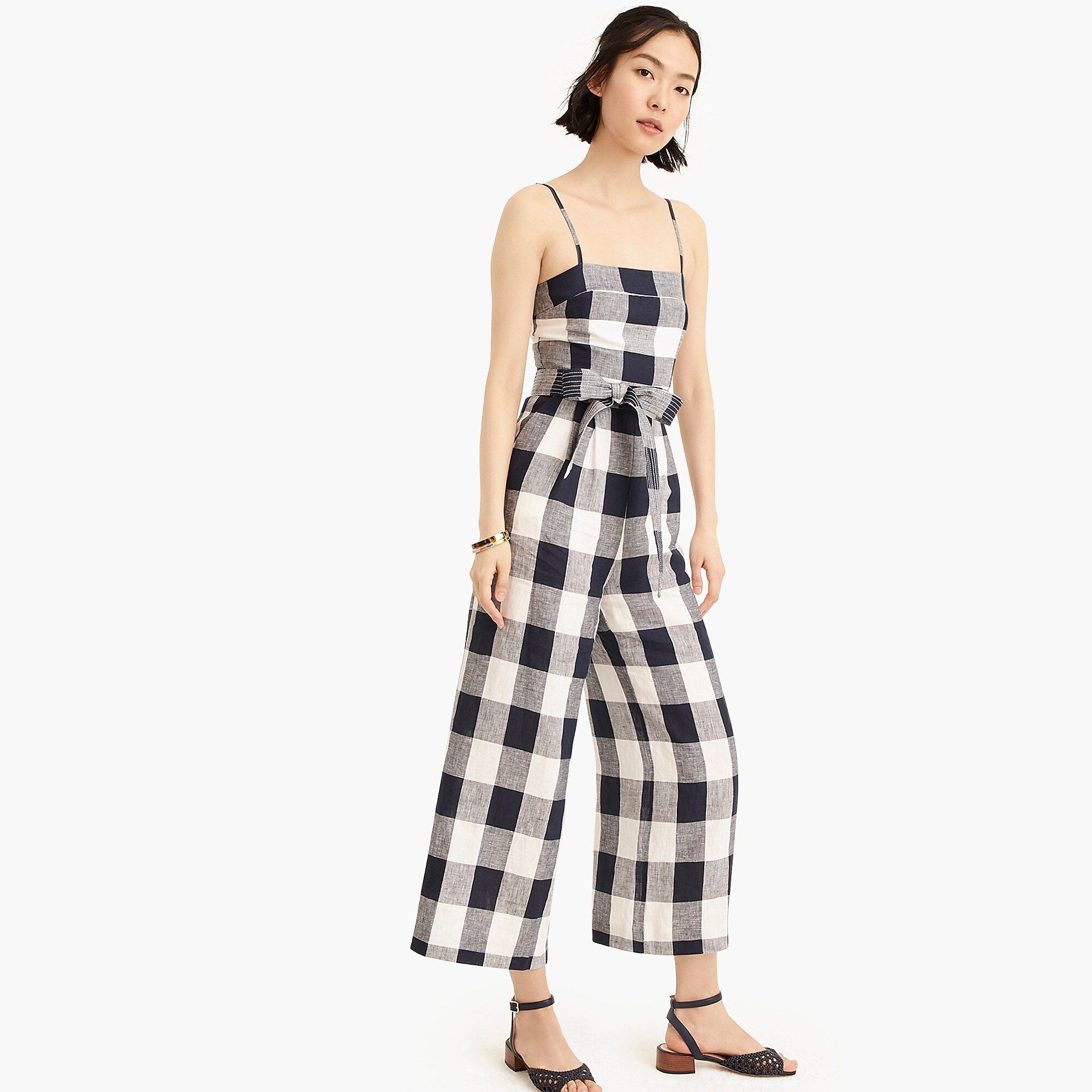 Spaghetti-strap jumpsuit in gingham beauchamps linen | J.Crew US