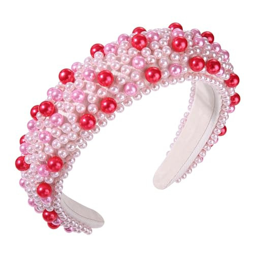 HSWE Crystal Headbands for Women, Valentines Day Padded Pearl Headband Bejewelled Rhinestone Pearl Bridal Hair Hoop Wedding Hair Accessories (Pink Rose Red) | Amazon (US)