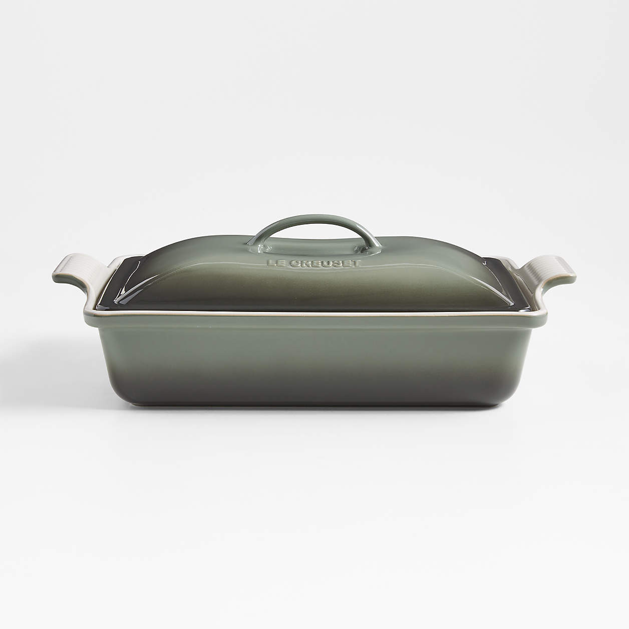 Le Creuset Heritage 4-Qt. Thyme Rectangular Casserole Dish with Lid + Reviews | Crate & Barrel | Crate & Barrel
