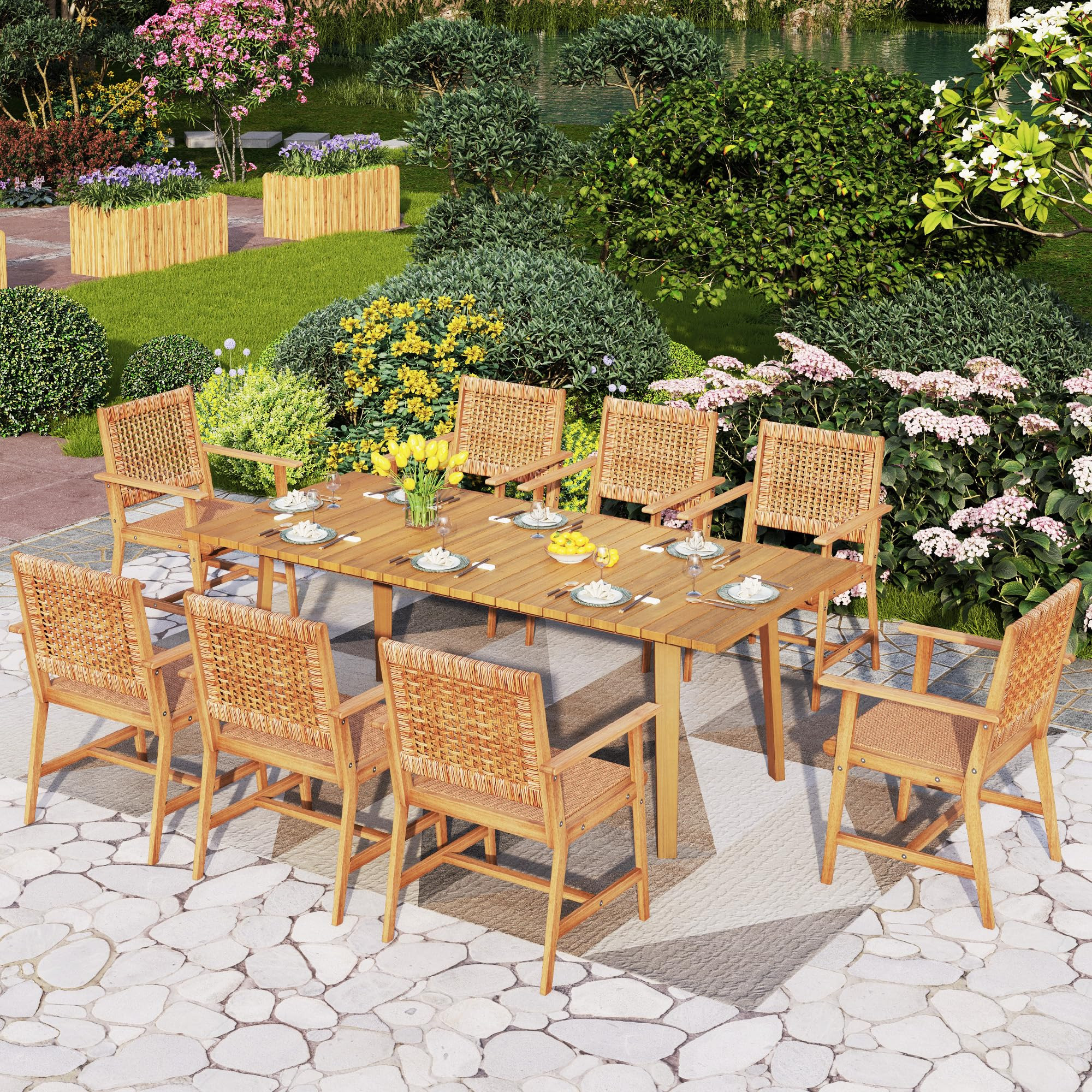 PHI VILLA 9 PCS Acacia Wood Outdoor Dining Set for 8, Teak Rectangle Wooden Table & Chairs with Wicker Seat and Back, Farmhouse Dining Furniture Set for Patio, Deck, Yard, Porch | Amazon (US)