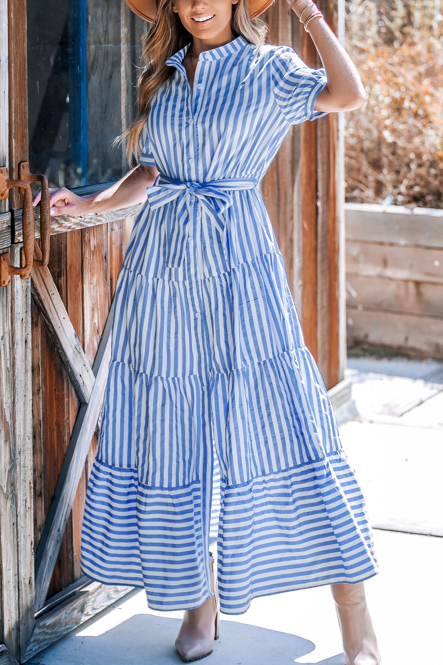 NewBlue Striped Puff Sleeve Front Button Maxi Dress | Cupshe US