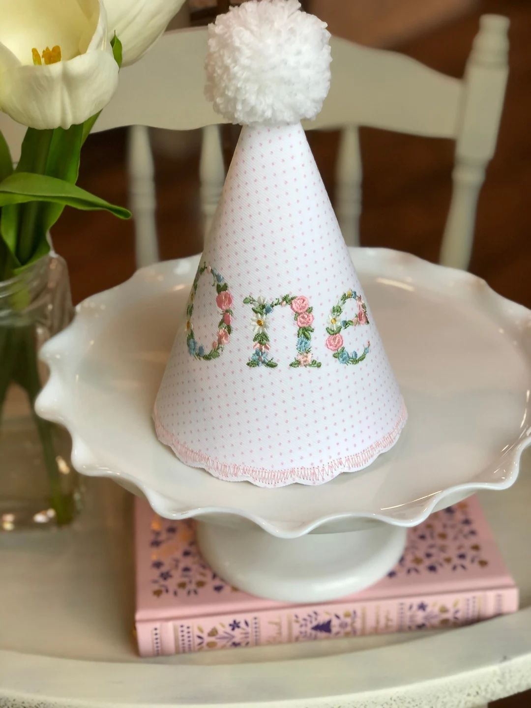 Floral ONE birthday party hat on pink bitty dot fabric. | Etsy (US)