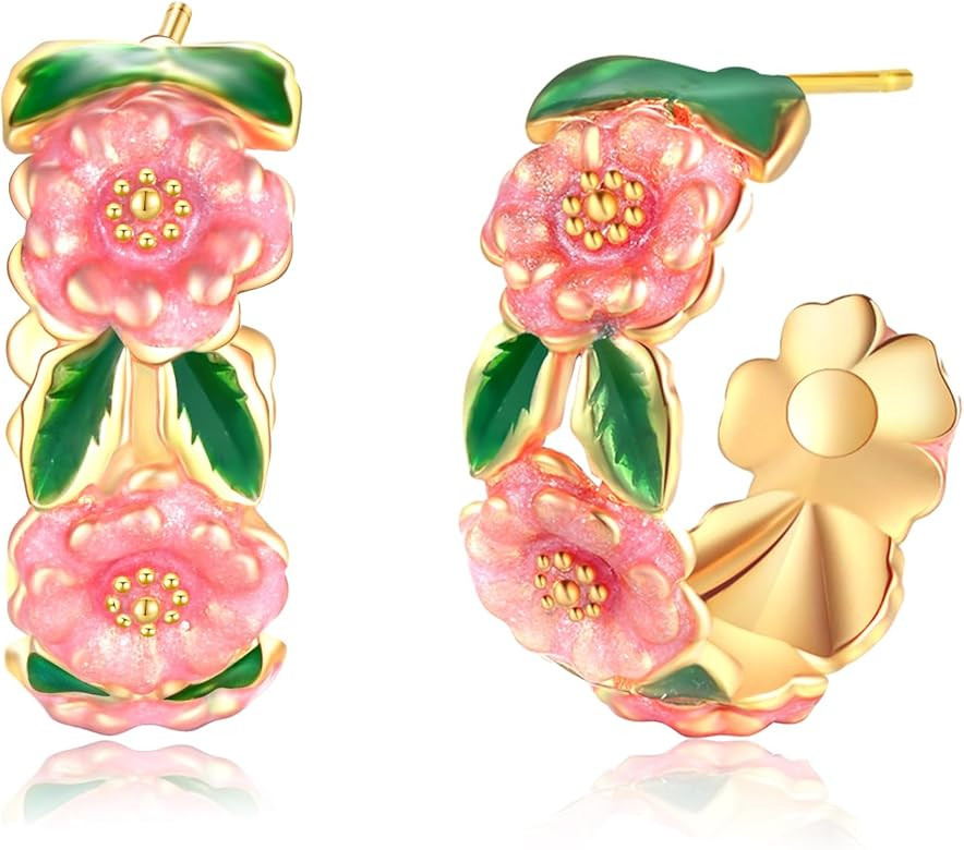 LOVE&CLOVER Hoop Earrings for Women Pink Flower | Amazon (US)