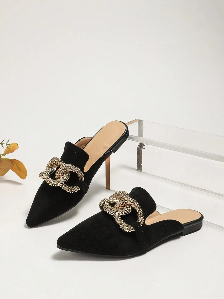 Women's Elegant Spring/Summer Flat Pointed Black Suede Mule Sandals With Large Metal Buckle | SHEIN