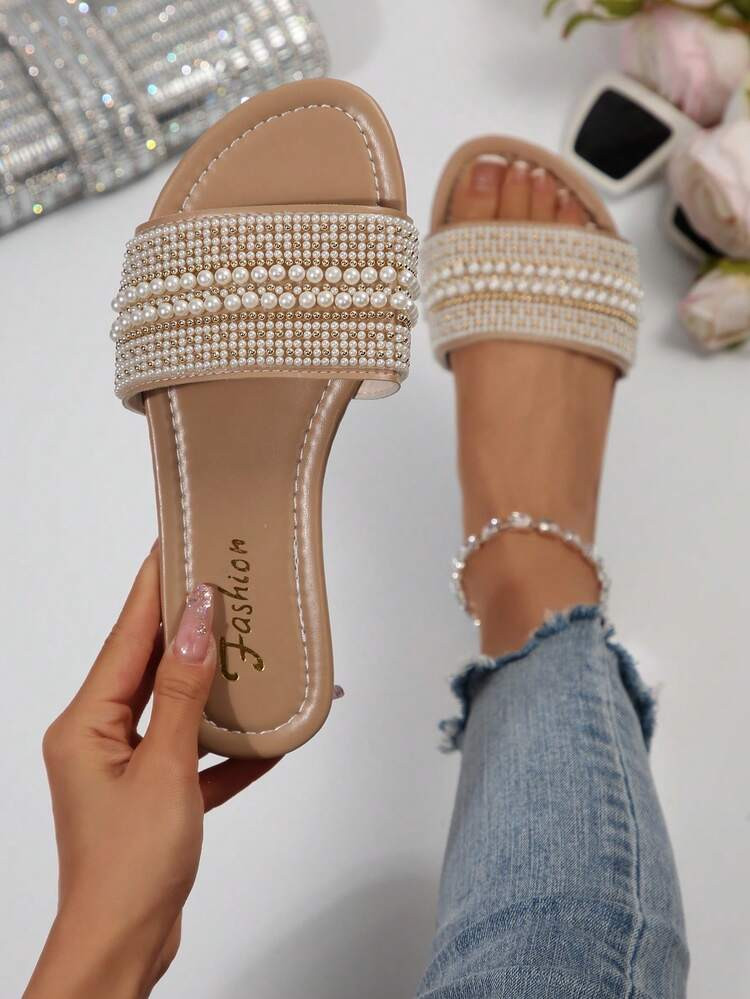 Women's New Brown Round Toe Flat Slide Sandals, Pearl & Rhinestone Decor, Fashionable & Elegant, Versatile, Suitable For Summer Outfits | SHEIN